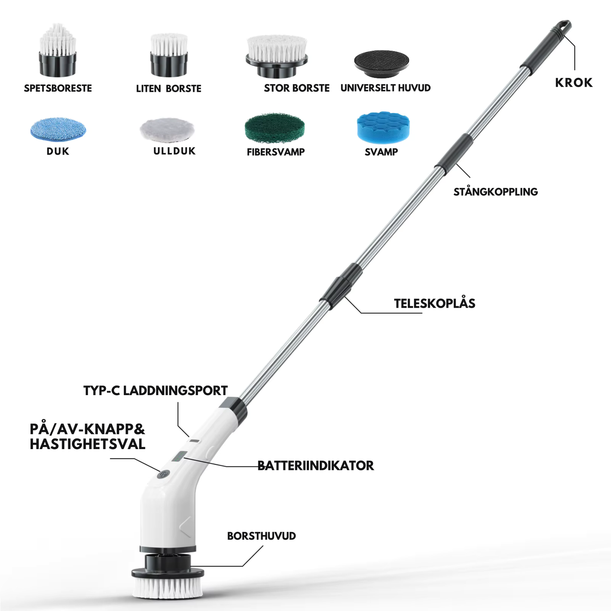 NordicClean™ Turbo Skrubb – Elektrisk rengöringsborste med långt teleskophandtag